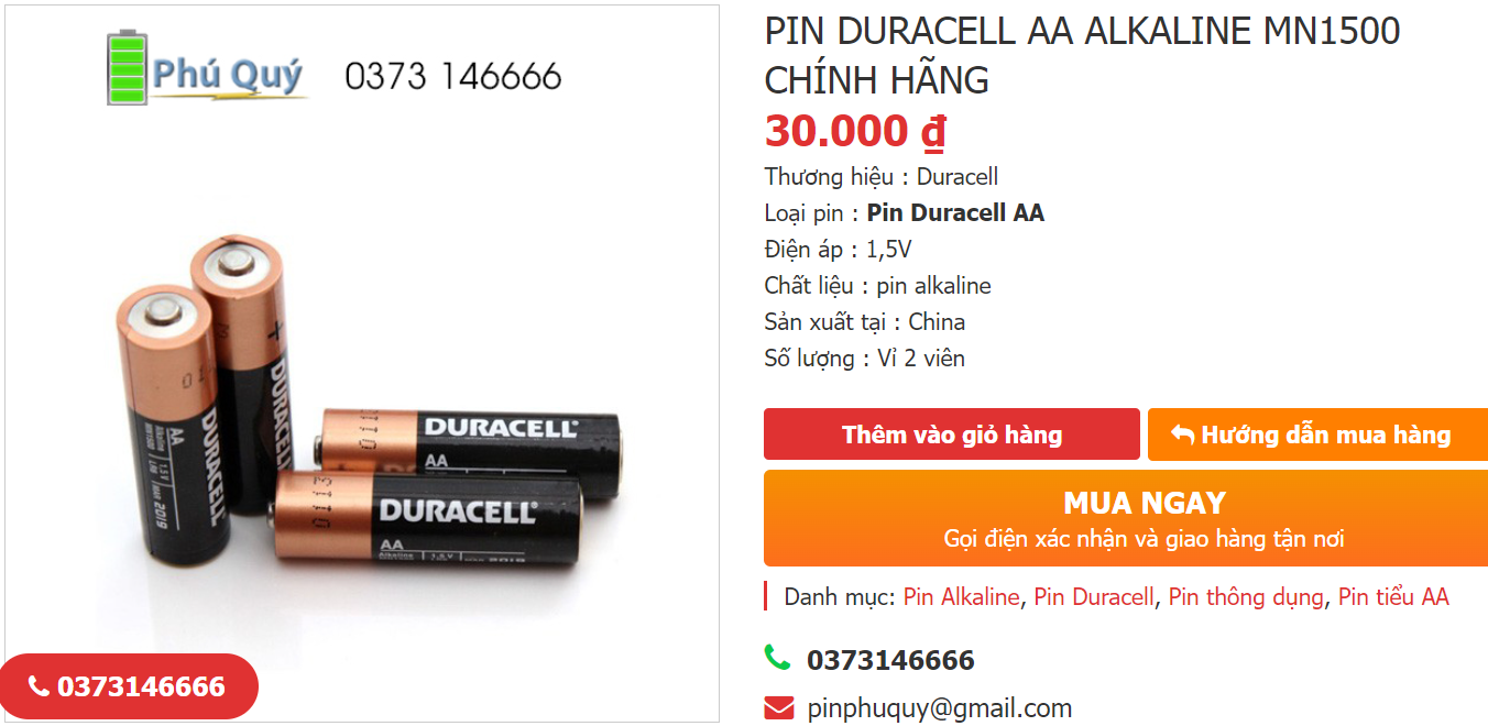 Mua pin Duracell AA MN1500 chính hãng tại Phú Quý